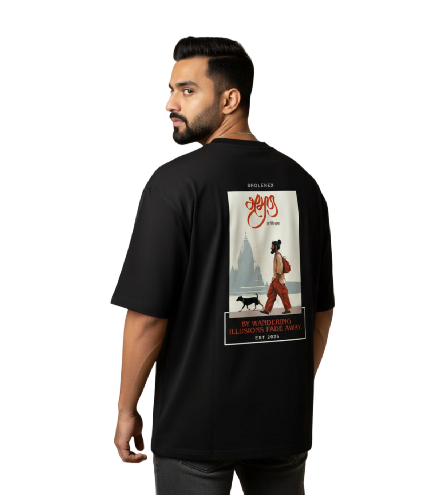 BHOLENEX Oversized Black T-Shirt for Men & Women – Premium 220 GSM Cotton, Traveler Graphic with Hindi Calligraphy Back Print – Drop Shoulder Streetwear Tee