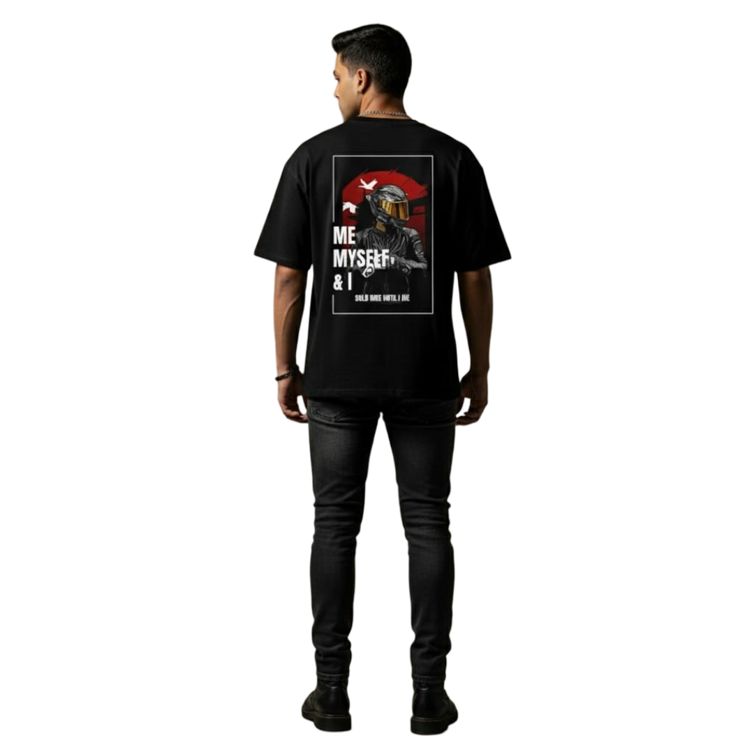 BHOLENEX "Solo Ride" Oversized Black Biker T-Shirt - Motorcycle Graphic Front & Back Print - Premium Cotton Streetwear Tee