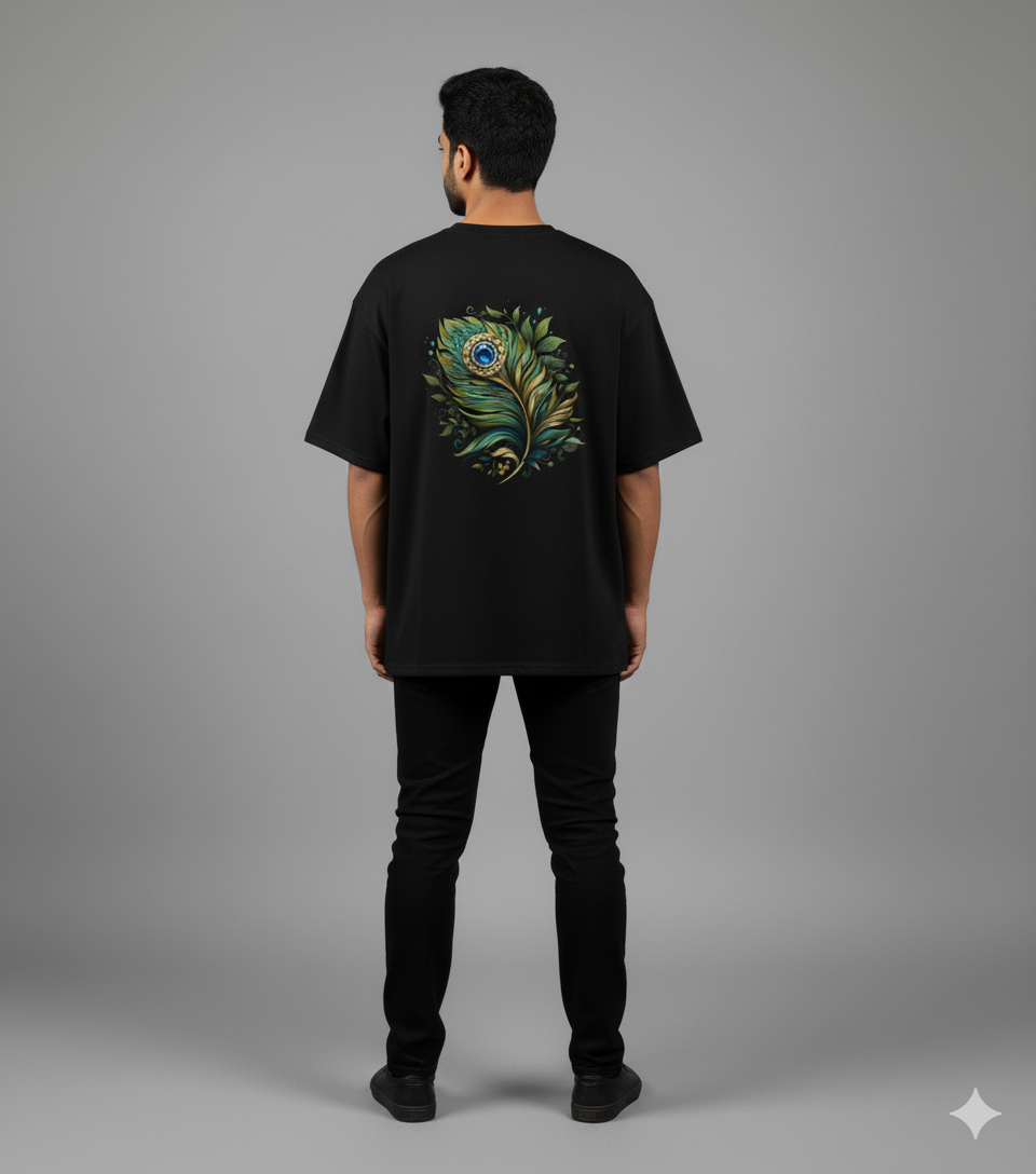 Feather Oversized T-Shirt | Emerald Peacock Style Graphic Black Tee |