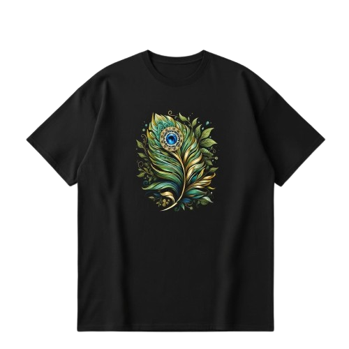 Feather Oversized T-Shirt | Emerald Peacock Style Graphic Black Tee |