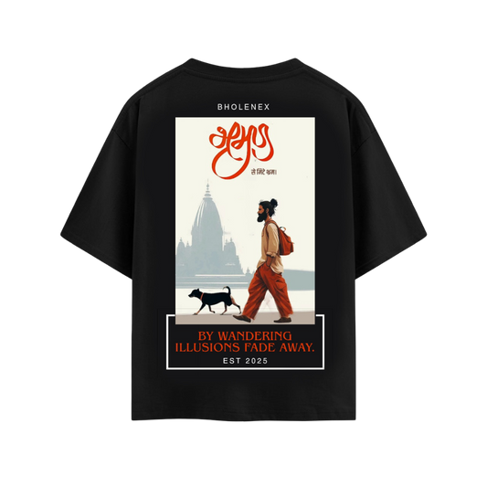 BHOLENEX Oversized Black T-Shirt for Men & Women – Premium 220 GSM Cotton, Traveler Graphic with Hindi Calligraphy Back Print – Drop Shoulder Streetwear Tee