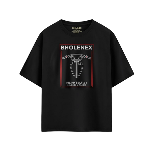 BHOLENEX "Solo Ride" Oversized Black Biker T-Shirt - Motorcycle Graphic Front & Back Print - Premium Cotton Streetwear Tee