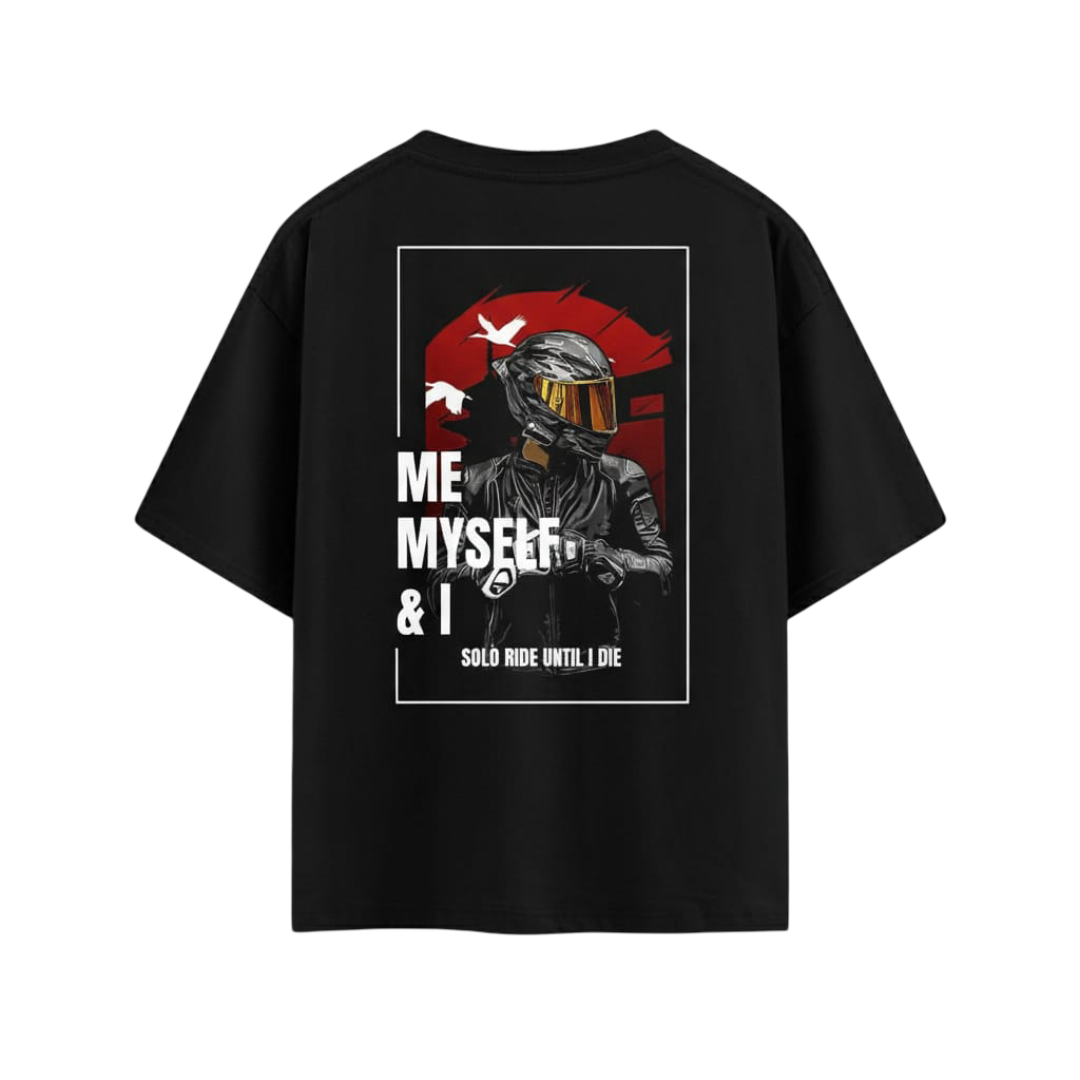 BHOLENEX "Solo Ride" Oversized Black Biker T-Shirt - Motorcycle Graphic Front & Back Print - Premium Cotton Streetwear Tee