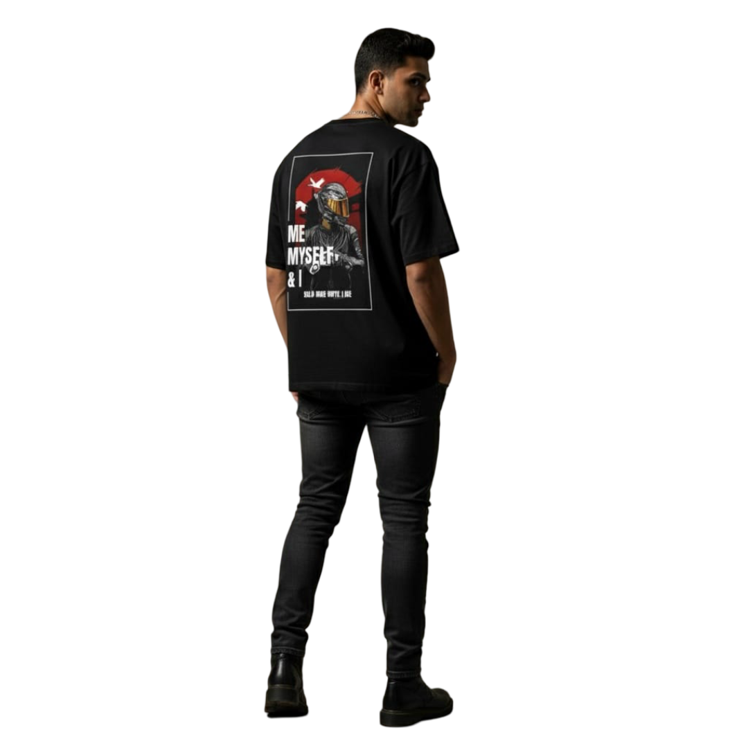 BHOLENEX "Solo Ride" Oversized Black Biker T-Shirt - Motorcycle Graphic Front & Back Print - Premium Cotton Streetwear Tee